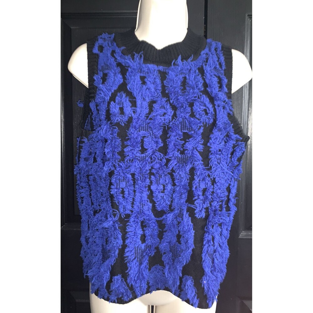 MILLY Black Royal Blue Shag Fringe Sweater Tank Size Medium